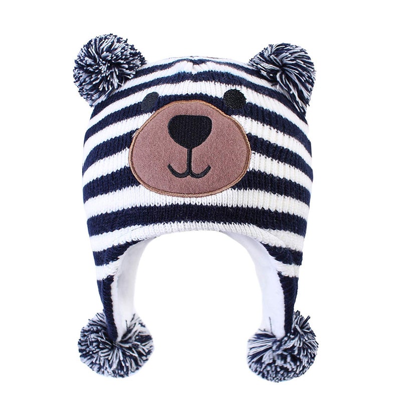 LANGZHEN Toddler Kids Infant Winter Hat,Earflap Knit Warm Cap Fleece Lined Beanie for Baby Boys (Bear -Navy Stripe, L(50-52CM/19.69"-20.47")) - Image 1